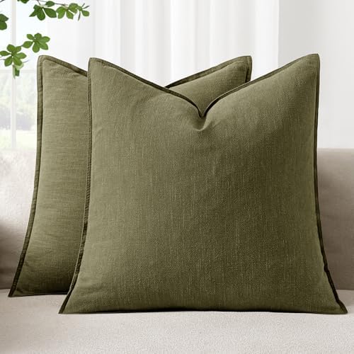 Woaboy 26x26 Inch Set of 2 Euro Sham Decorative Linen Solid Throw Pillow Covers Boho Accent Farmhouse Pillowcases Modern Netural Christmas Home Decor for Bed Couch Sofa Living Room,Olive Green