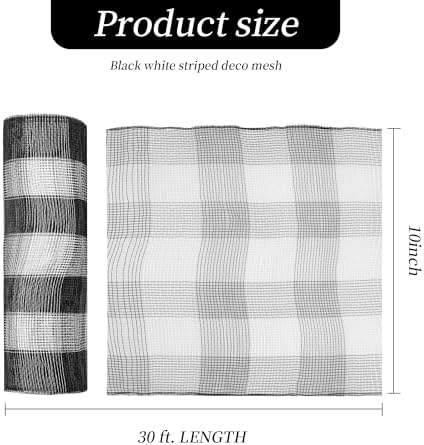 1 Roll Black and White Stripes Deco Mesh Ribbon 10 in x 30 ft, Poly Mesh Rolls for Holiday Decorating DIY Door Wreath Supplies Christmas Tree Halloween Decoration, Flora Crafting & Gift Wrapping