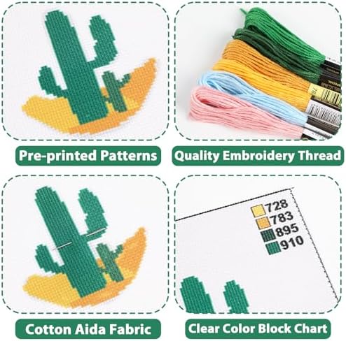 ZOIIWA 6PCS Cross Kits for Beginners DIY Embroidery Kit for Kids Adults Boho Cross Kits Christmas Birthday Gift Abstract Landscape Needlepoint Patterns with 2 Embroidery Hoops Craft Supplies