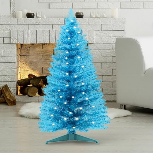4ft Lighted Artificial Blue Christmas Tree，Small Snowy Artificial Xmas Tree, Not Pre-lit White Tinsel Pine Trees with Lights for Small Spaces, Office Lobby & Winter Wedding Centerpiece