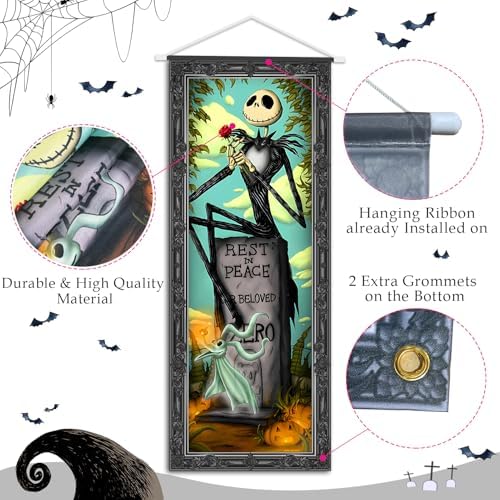 4 Packs Jack Sally Banners Porch Signs Halloween Decor Christmas Nightmare Hanging Vintage Banner Halloween Decorations Outdoor Horror Poster for Indoor Stretching Portraits Before Party Banner Wall Art Wallpaper