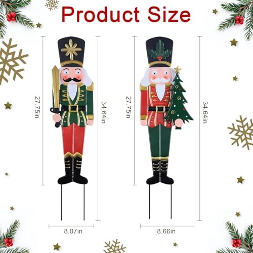 YEAHOME Outdoor Christmas Decorations, Set of 2 Metal Nutcracker Decorative Garden Stakes for Christmas Outdoor Yard, Xmas Walnut Soldier Yard Signs for Outside Home Garden Lawn Porch Pathway Decor