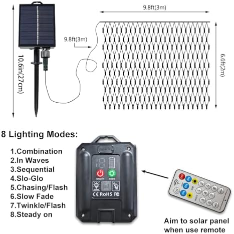 YAOZHOU Solar Christmas Net Lights Multicolor, Outdoor Waterproof 264Led 9.9Ft*6.6Ft Mesh Lights 8 Modes with Timer, Solar Powered Christmas Decorations for Lawn, Bushes, Trees