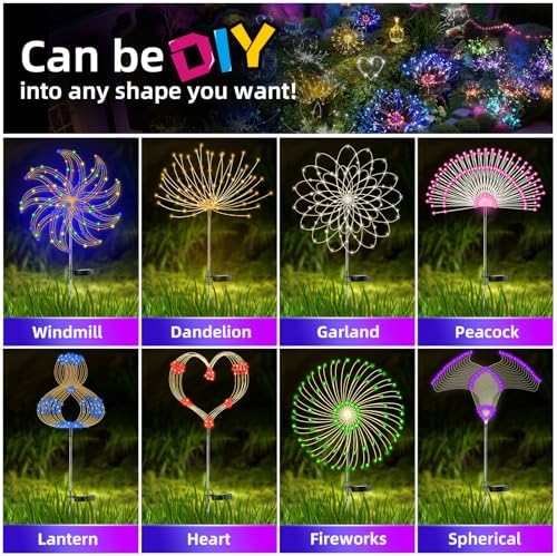 2 PCS Solar Firework Light, Outdoor Solar Garden Decorative Lights 120 LED Powered 40 Copper Wires String DIY Landscape Light for Walkway Pathway Backyard Christmas Decoration Parties (Warm White)