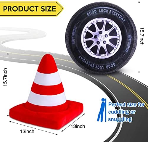 2 Pcs Race Car Room Decor Racing Plush Throw Pillow Set Gift Operation Christmas 15.7 Inch Soft 3D Simulation Wheel Pillow Funny Tire Cone Traffic Light and Stop for Bedroom Decorations(Traffic Cone)