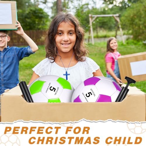 Hiboom 6 Pcs Christmas Deflated Soccer Ball Bulk with Pumps & Cross Necklace Size 3, 4, 5 Outside Sport Training Machine Stitched Ball Operation Christmas Bulk Items for Christian Charity Gift