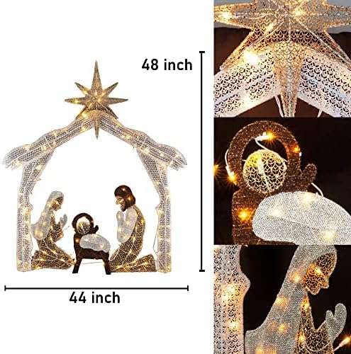 Hourleey 4FT Lighted Christmas Nativity Scene, Christmas Outdoor Decorations with 120 Count Pre-lit Warm White Lights, Holy Family for Xmas Outside Yard Garden Holiday Decor