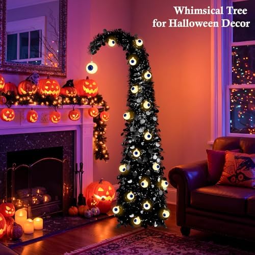 MACTING Whimsical Halloween Tree with Eyeball String Lights 5FT Black Pop Up Christmas Tree with 30 Eyeball Lights Collapsible Tinsel Pencil Curved Tree for Apartment Porch Indoor Outdoor Xmas Decor
