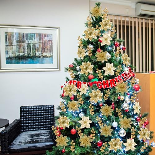 Sggvecsy 30 Pcs 3 Styles Christmas Glitter Poinsettia Flowers Artificial Berry Picks Christmas Tree Ornaments Artificial Christmas Flowers with Clips for Xmas Wedding Wreath Floral Decorations(Gold)