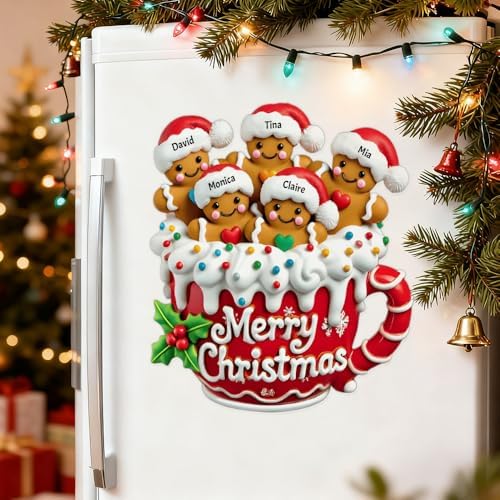 Merry Christmas - Personalized Gingerbread Family Decal, Custom Name Gingerbread Christmas Fridge Magnet for Refrigerator, Xmas Family Fridge Stickers 2025, Holiday Kitchen Decor