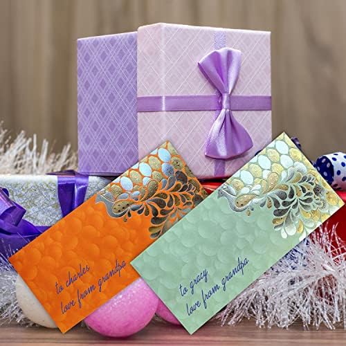 PARTH IMPEX Shagun Gift Envelope for Cash (Pack of 50) 7.5" x 3.5" Peacock Feather Gold Silver Foil Stamping Assorted Color Money Holder Card for Christmas Diwali Birthday Wedding Graduation