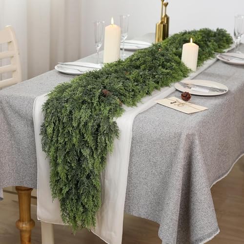 16FT Cedar Garland for Fireplace - Artificial Christmas Garland Thick and Lush Realistic Faux Cedar Fake Pine Needles Garland for Table,Window,Stairs,Mante,Indoor Outdoor Decor (1PCS)
