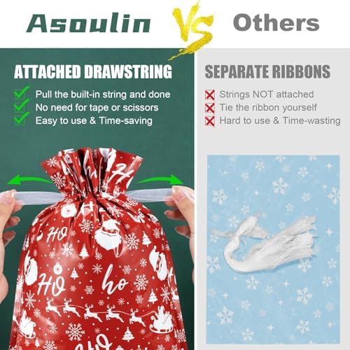 Asoulin Christmas Drawstring Gift Bags with Tags - 40 Pcs Christmas Gift Bag Assorted Size Large Medium Small Foil Gift Wrapping Bag for Birthday, Goodies, Xmas Holiday Party Favor Decoration Supplies
