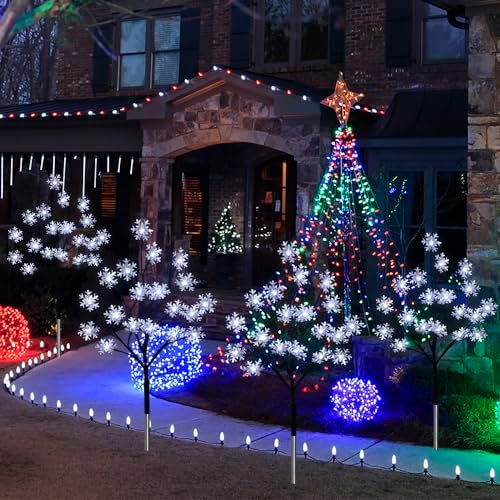 4-Pack 80LEDs Solar Christmas Snowflake Stake Lights, 8 Modes Solar Snowflake Christmas Decorations Outdoor Lights, Waterproof Outdoor Xmas Decorations for Garden Yard Pathway Walkway