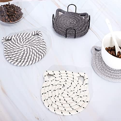 Whaline Christmas Cat Ears Coaster Set Cat Ear Shape Handmade Braided Cotton Coasters White Grey Non-Slip Absorbent Drink Coaster with Holder for Winter Birthday Housewarming Gifts Home Decor, 4Pcs