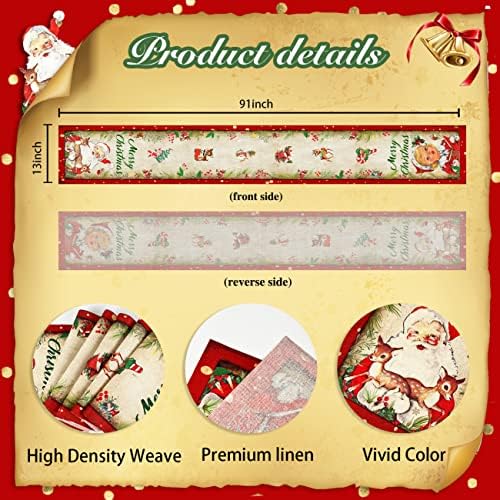 Vintage Christmas Table Runner Xmas Holiday Santa Claus Kitchen Dinner Table Decorations Merry Christmas Table Runner for Indoor Outdoor Home Party Decor 13 x 91 Inch