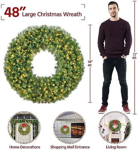 Yaheetech 48in Large Artificial Christmas Wreath, Pre-lit Holiday Accent Decoration with Red Bow, 200 LED Lights & 720 PVC Tips, Metal Structure for Door Wall & Mantel