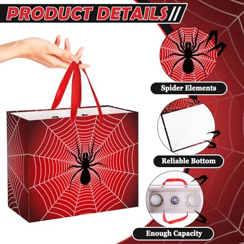 Yomaiha Spider Birthday Gift Bag Spider Party Paper Bags with Handles Tissue Paper and Card Red Black Webs Wrapping Bag Red Blue Party Decorations for Boys Men Birthday Christmas Supplies