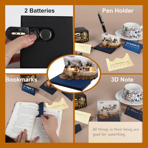 3D Calendar 2026,Time Piece Calendar 2026,3 D Sticky Notes 2026 with Light, Magic Castle Artistic Notepad, Unique Gift for Birthday, Christmas, New Year, Desk Decoration for Home or Office