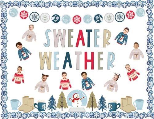 Whaline 85Pcs Winter Bulletin Board Decoration Kit Xmas Tree Snowmen Snowflake Cutouts with Glue Point Christmas Holiday Classroom Bulletin Border Stickers for Home School Office Wall Door Decor