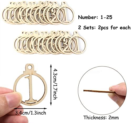 yueton 50PCS 1-25 Wooden Numbers Ornaments, Unfinished Number Wood Pieces Wood Slices Wood Chips, Wooden Gift Tags, for Birthday, Wedding, Halloween, Christmas, Thanksgiving, Advent, New Year