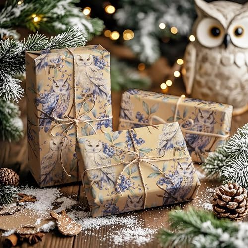 WRAPAHOLIC 30 Inch Jumbo Kraft Christmas Wrapping Paper - 30 Inch x 33 Feet - Owl Wrapping Paper Wild Animal Winterfall Watercolor Design for Christmas, Holiday, Party Celebration