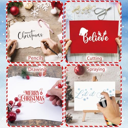 12 Pcs Christmas Stencils Reusable Let it Snow Believe Stencil Template Merry Christmas Stencils for Painting on Wood DIY Crafts Window Doormat Door Hanger Sign (12 Christmas)