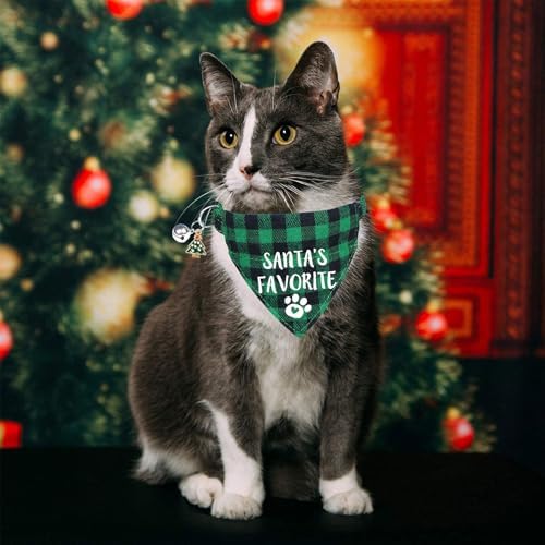 STMK 2 Pack Christmas Cat Bandana Collar with Bell, Breakaway Holiday Cat Kitten Bandana Collar with Bell for Cats Costumes Outfits (Merry Meowmas & Santa's Favorite)