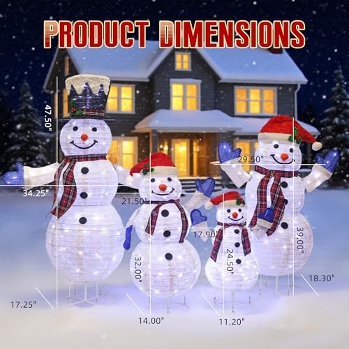 4-Piece 3D Lighted Snowman Family Set Outdoor Christmas Decorations Outdoor Snowman Decorations Collapsible Snowmen Yard Decor for Yard Patio with Weather-Resistant