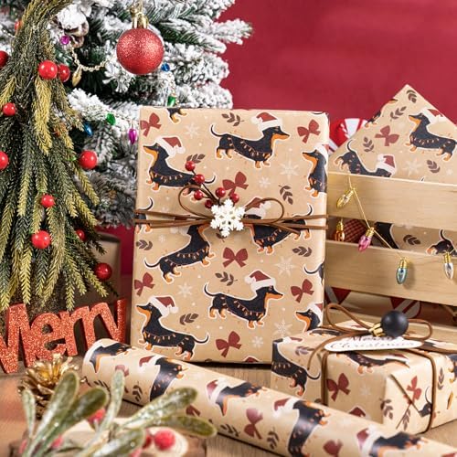 WRAPAHOLIC Kraft Dog Christmas Wrapping Paper - Mini Roll - 17 Inch x 16.5 Feet - Dachshund Dog and Red Bow Wrapping Paper for Christmas, Holiday, Party Celebration