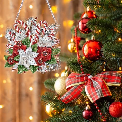 Christmas Diamond Art Hanging Kits for Adults, Special Shaped Diamond Painting,Double Sided 5D DIY Acrylic Diamond Art Painting Window Pendants Home Garden Wall Hanging Kits Cane candy wreath Ornament