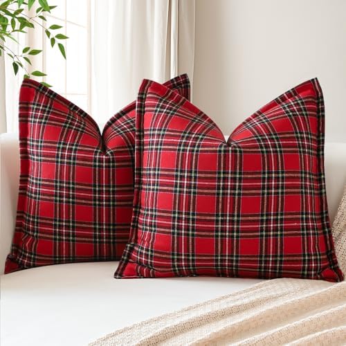 OTOSTAR Pack of 2 Christmas Scottish Plaid Throw Pillow Covers Decorative Linen Check Tartan Square Pillow Covers with Stitched Edge for Sofa Couch Bed Farmhouse Home Decor 20x20 Inches, Red