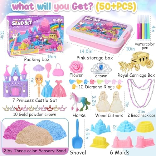 Princess Unicorn Sensory Bin Sandbox for Girl Kid Toys, 2lbs Color Sensory Sand & 6 Castle Molds & Play Kits, Sand Box Toys for Kids Girls Toddlers 3 4 5 6 7 8 Christmas Birthday Gift