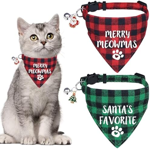 STMK 2 Pack Christmas Cat Bandana Collar with Bell, Breakaway Holiday Cat Kitten Bandana Collar with Bell for Cats Costumes Outfits (Merry Meowmas & Santa's Favorite)