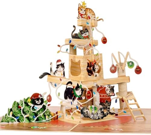 Xmas Cat Tree Pop Up Card, Merry Christmas, Presents, Balls, Funny 3D Greeting Card, Ideal Gift for Xmas Season, Table Decorations, Cat Lover, 5x7 - Includes Envelope And Message Note