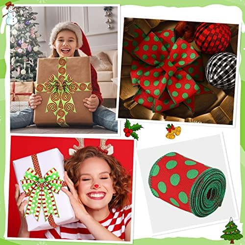 Yinder 3 Rolls Christmas Wired Ribbon Red and Lime Green Christmas Wrapping Ribbon 2.56 in Wide Polka Dot Swirl Fabric Xmas Decorative for DIY Crafts Tree Decorations