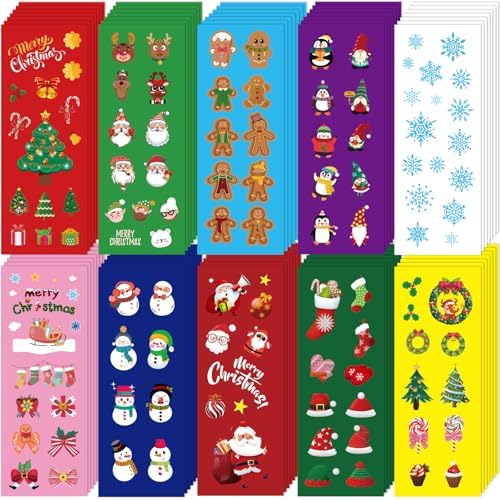 FEBSNOW Christmas Stickers, 100 Sheets Christmas Stickers for Kids Over 1300pcs Vinyl Waterproof Xmas Scrapbook Stickers Holiday Crafts Snowman Snowflakes Stickers Christmas Party Favors Gifts Decor