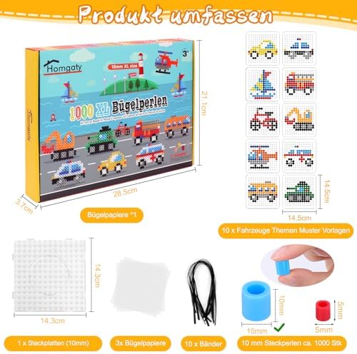 Homgaty 10mm Large Fuse Beads Kit 1000 pcs XL, 10 Colors Patterns Home School Arts and Crafts, Melting Beads for Adult Crafts Set as Christmas Birthday Gifts for Adult