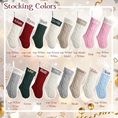 Personalized Christmas Stockings with Christmas Cards,Custom Embroidered Name Monogram Christmas Stocking for Baby Kids Girl Family,18" Large White Pink Knit Xmas Stockings for Fireplace