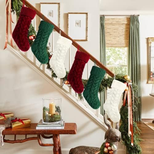 18 Inches Burgundy, Ivory, Green Knitted Christmas Stockings,6 Pack