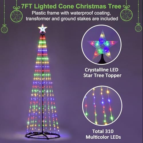 7 ft Lighted Outdoor Christmas Tree, 310 LEDs Pre-lit Christmas Cone Tree with Star Topper for Indoor and Outdoor Holiday Decorations (Multi Color)