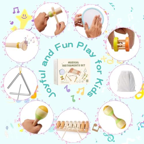 Baby Musical Instruments Set Montessori Wooden Toy for Toddlers 3 Percussion Music Xylophone for Kids Preschool Learning Resource Christmas Birthday Gifts for Boys Girls Aged 3 4 5 (Warm)