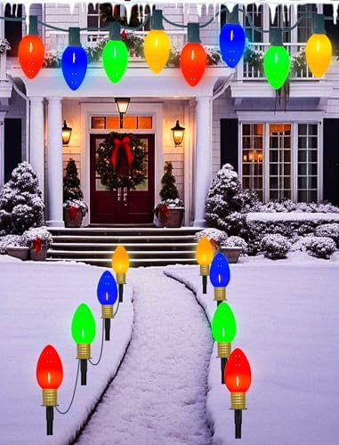 C9 Christmas Pathway Lights Outdoor, 2Pk Total 14Ft Outdoor Christmas Decorations String Light with 8 LED Jumbo C9 Multicolor Light Bulbs Walkway Lights for Lawn Holiday Yard Garden Sidewalk Decor