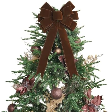 13" Brown Bow Pre-Tied Bow for Christmas Tree, Brown Velvet Ribbon Bow for Wreaths, Tree Toppers Bow, Premade Bow, Gift Bow for Party Favor, Christmas Home Indoor Outdoor Decor-1 Counts
