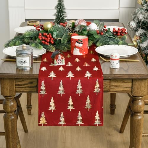Artoid Mode Christmas Tree Red Dutch Fleece Table Runner, Glitter Metallic Foil Holiday Kitchen Dining Table Decoration for Home Party Decor 13x72 Inch