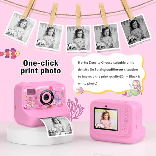 Instant Print Camera for Kids Age 3-12 Girls Boys 1080P HD Digital Video Cameras with 5 Print Paper & 32G Card Toddler Portable Travel Toys Camera for Christmas Birthday Gifts
