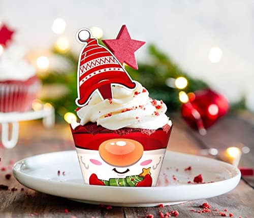 128 Pieces Christmas Cupcake Toppers Wrappers Party Supplies Favors - Snowman Santa Claus Reindeer Elf Gnome Gingerbread