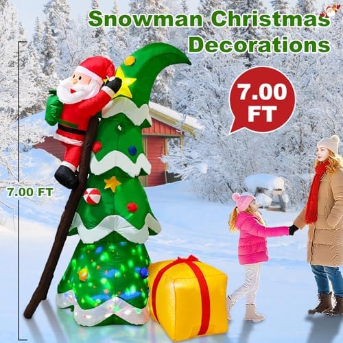 7ft Christmas Inflatables Outdoor Decorations, Christmas Blow up Santa Claus with Tree Built-in Rotating Colorful LED Lights, Xmas Holiday Party Indoor Outdoor Décor for Yard Lawn Garden