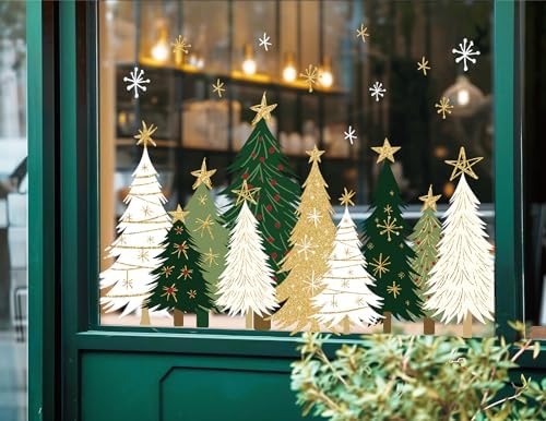 Whaline 9 Sheets Christmas Window Clings Window Decals White Green Gold Xmas Tree Snowflake Reusable Anti-Collision Windows Decor for Winter Home Glass Mirror Decor