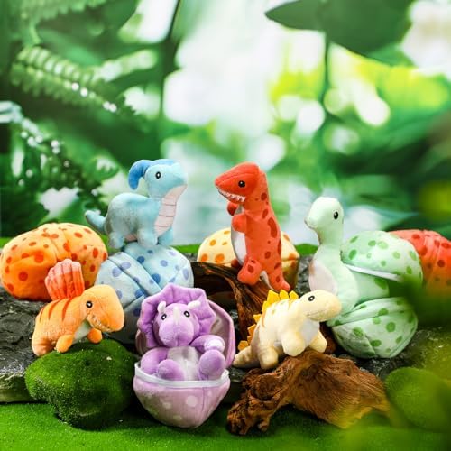 12 Pcs Adopt a Dinosaur Party Favors Bulk 6 Small Dinosaur Stuffed Animals Plush Toys Dino Plushies with 6 Mini Dino Egg Bag Stuffer for Kids Boys Girls Christmas Halloween Birthday Gifts